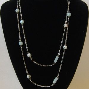 Green Stone Beaded Silver Metal Chain Necklace New